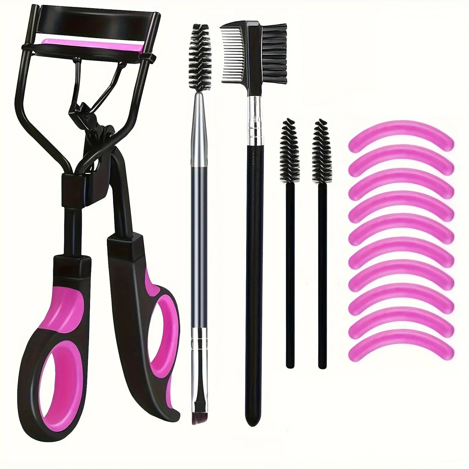 Set de recourbe-cils avec brosses et coussinets de remplacement roses.