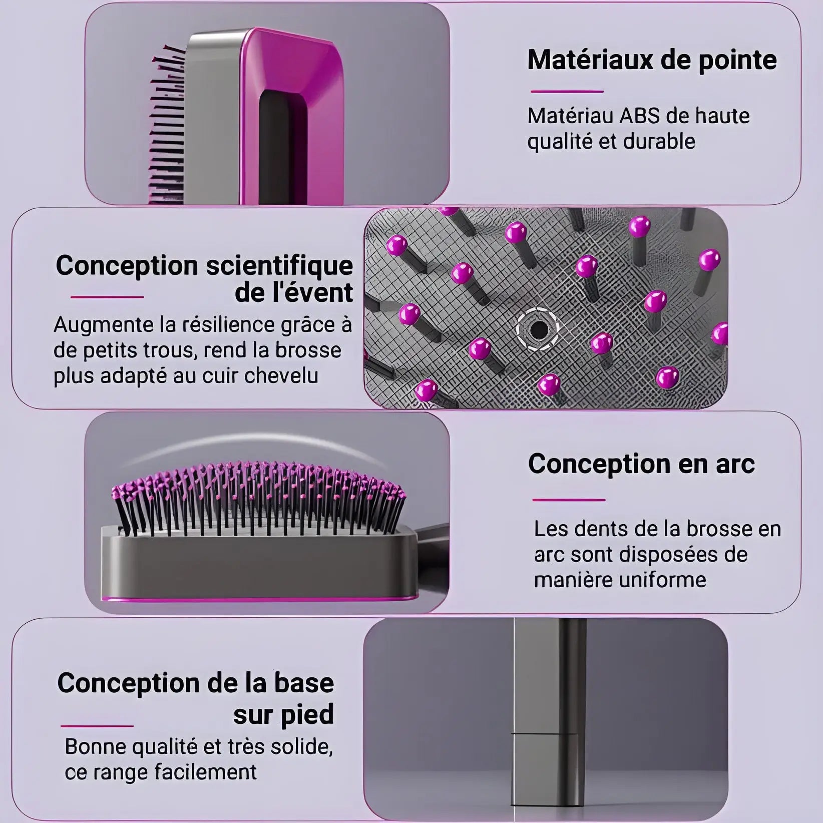 Brosse à cheveux dont les caractéristiques de conception innovantes sont mises en évidence dans le texte français.