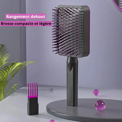 Brosse à cheveux rectangulaire avec un long manche et des poils denses.