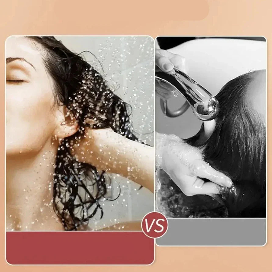 Comparaison entre le lavage des cheveux dans une douche et dans un lavabo.