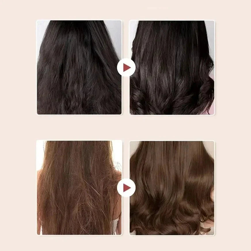 Photos avant et après montrant la transformation de cheveux crépus en cheveux lisses et coiffés.