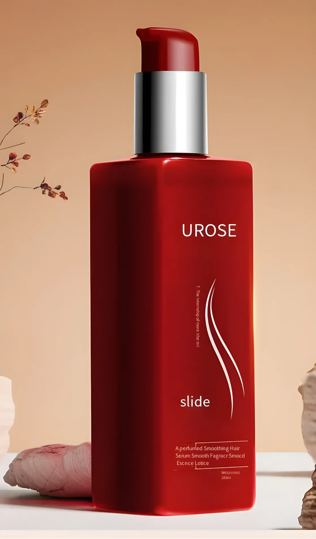 Flacon rouge du produit de beauté ’Slide’ d’Urose avec un distributeur à pompe argenté.