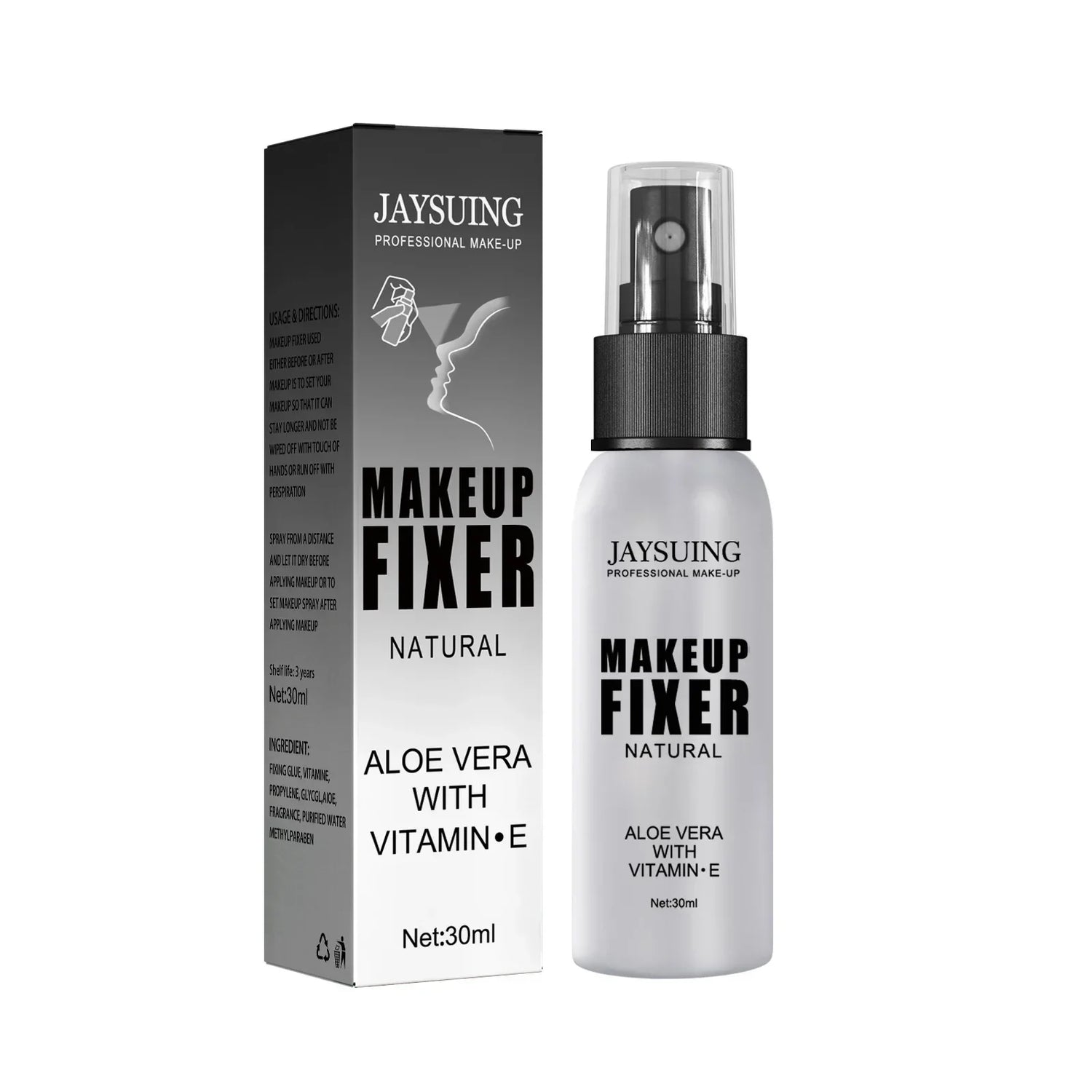 Vaporisateur de maquillage et emballage étiqueté ’Jaysuing Makeup Fixer Natural’ avec de l’aloe vera et de la vitamine E.