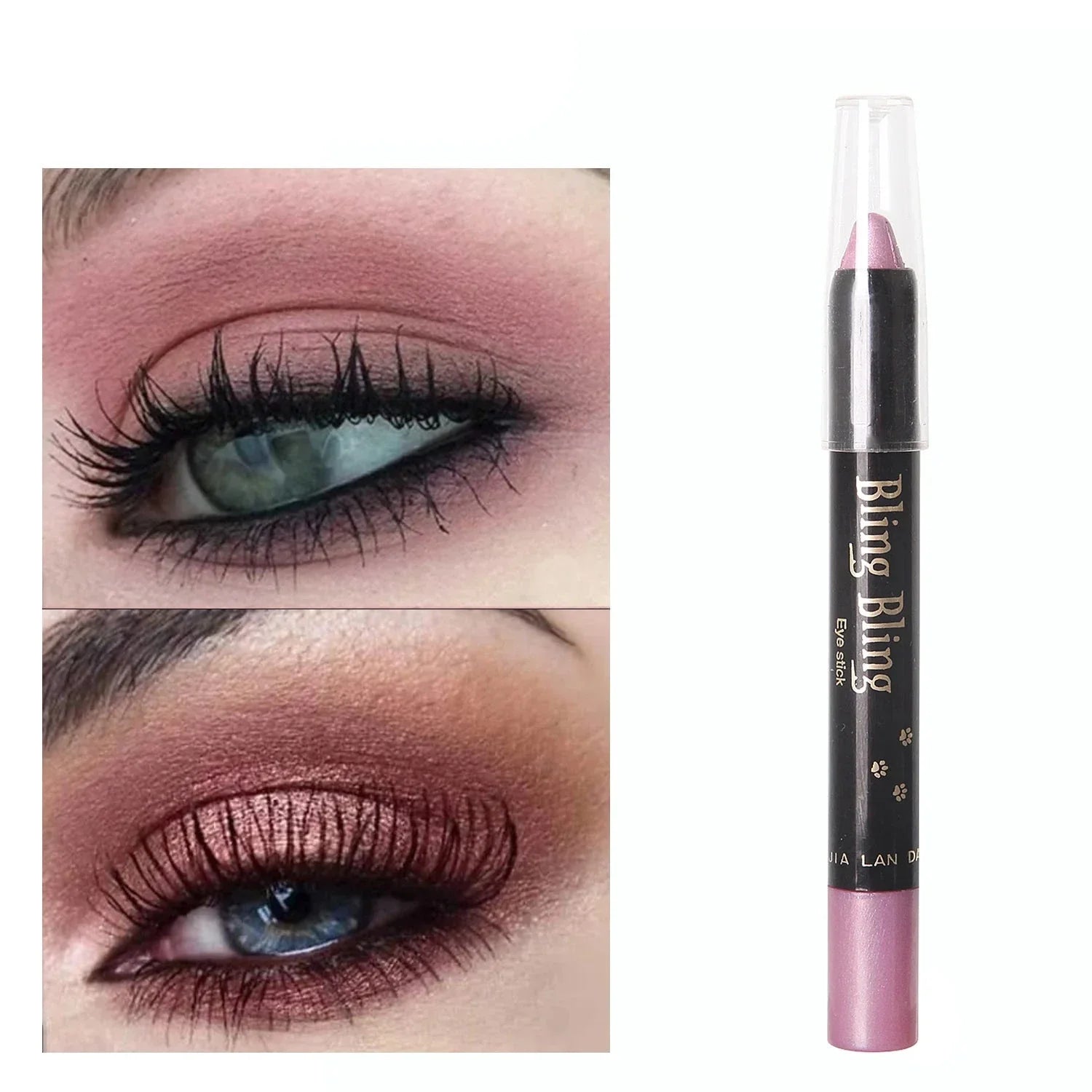 Crayon de fard à paupières rose métallisé et exemples de maquillage des yeux rosés.