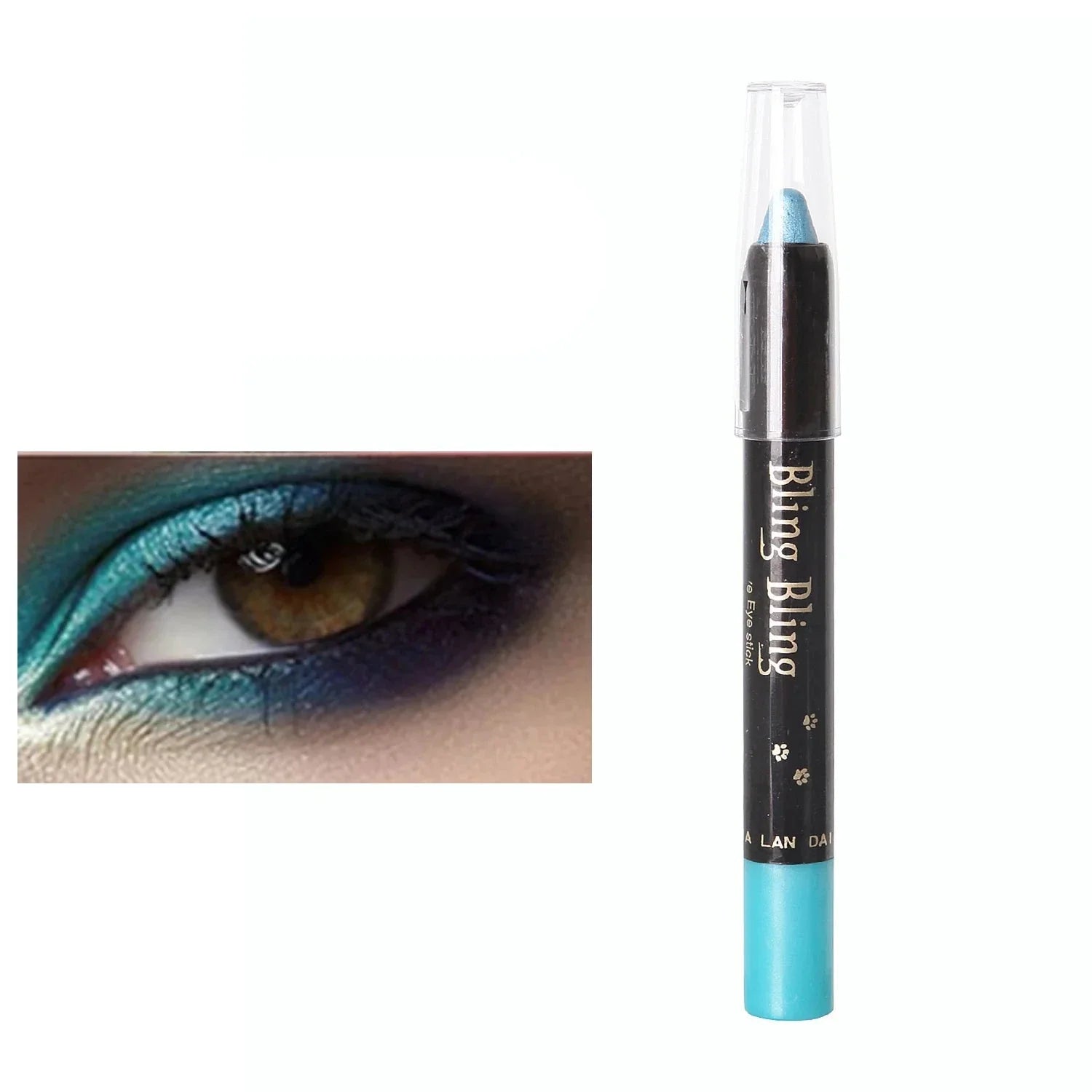 Crayon d’ombre à paupières bleu turquoise avec emballage noir.