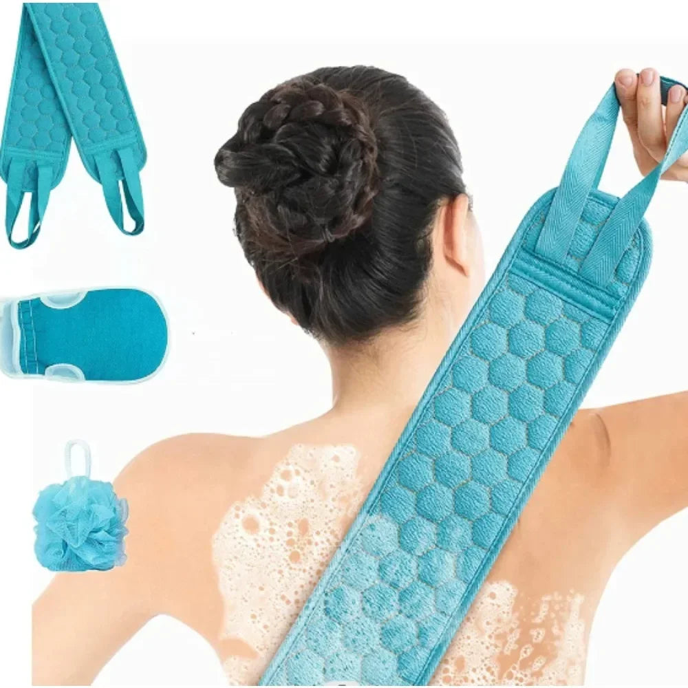 Brosse à dos en silicone turquoise avec motif nid d’abeille texturé et poignées.