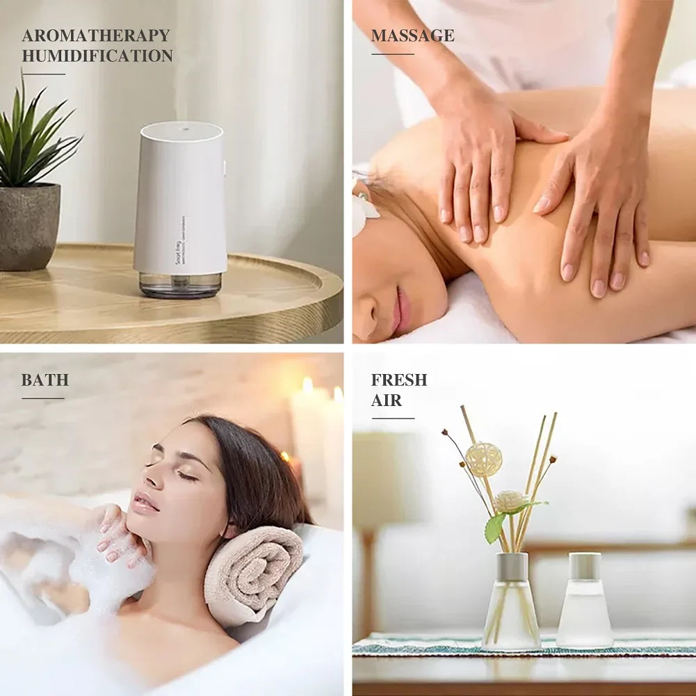 Collage de traitements de spa et de bien-être présentant des éléments d’aromathérapie, de massage, de bain et d’assainissement de l’air.