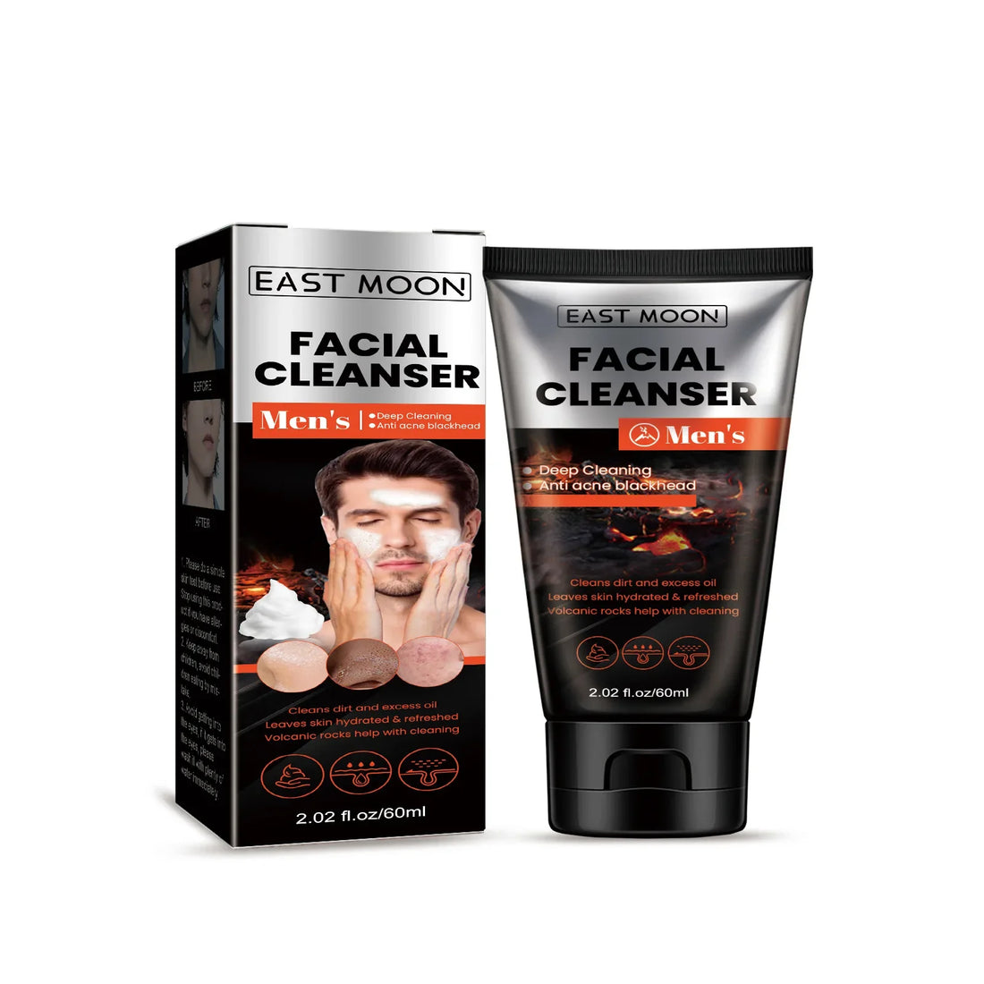 Le produit East Moon men’s facial cleanser est présenté en boîte et en tube.