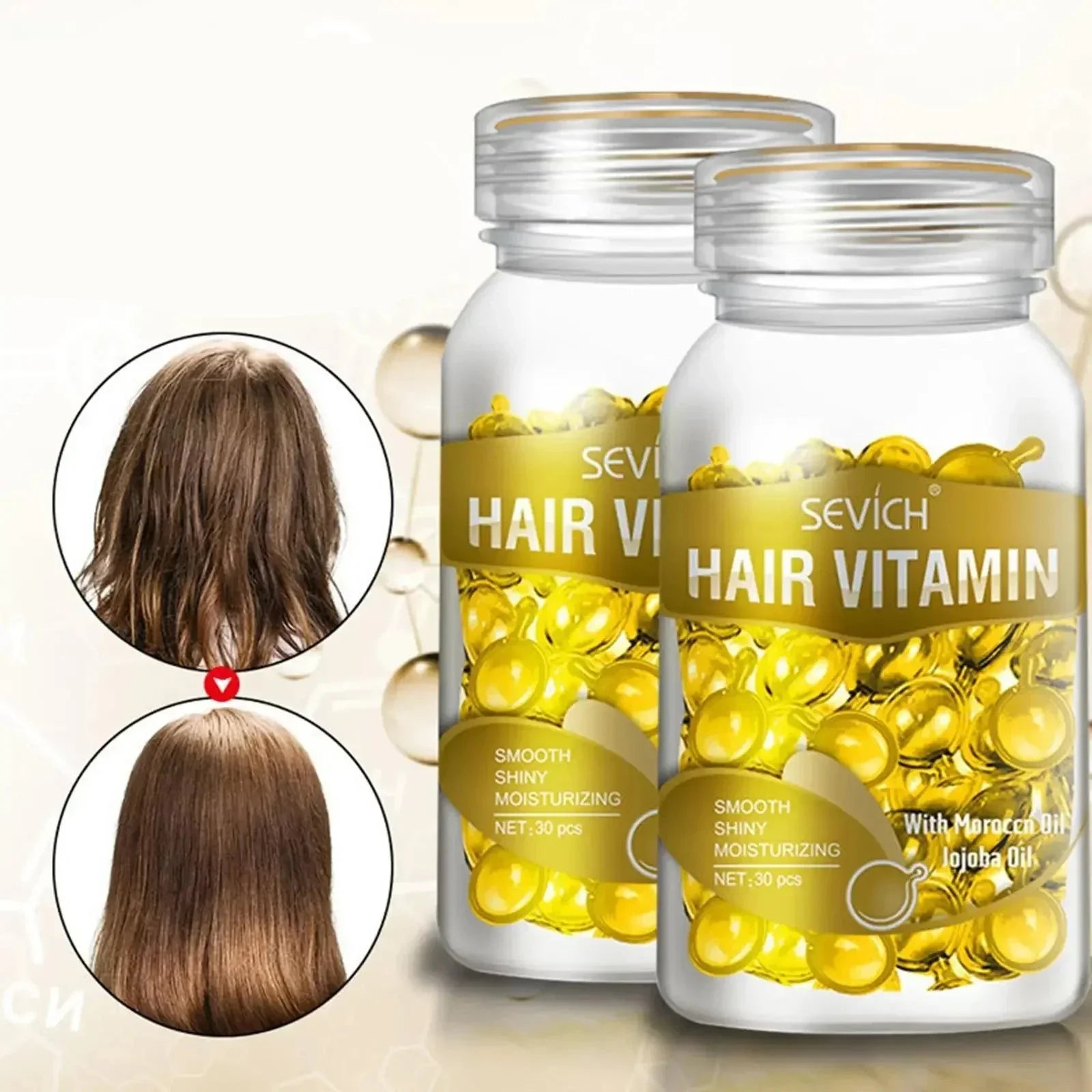 Suppléments de vitamines capillaires dans des flacons transparents avec des capsules de gel jaune.