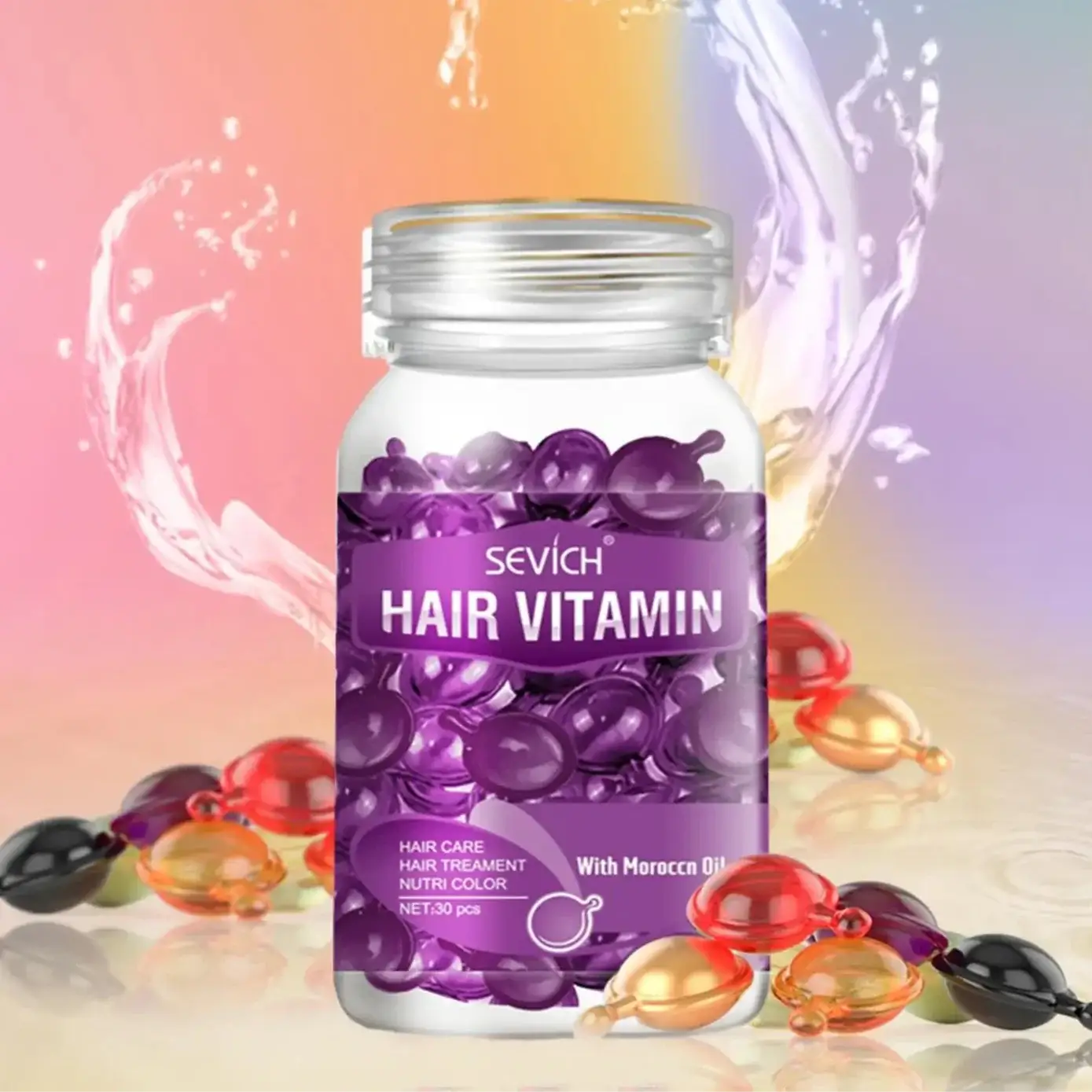 Pot transparent contenant des capsules de vitamines capillaires violettes à l’huile marocaine.