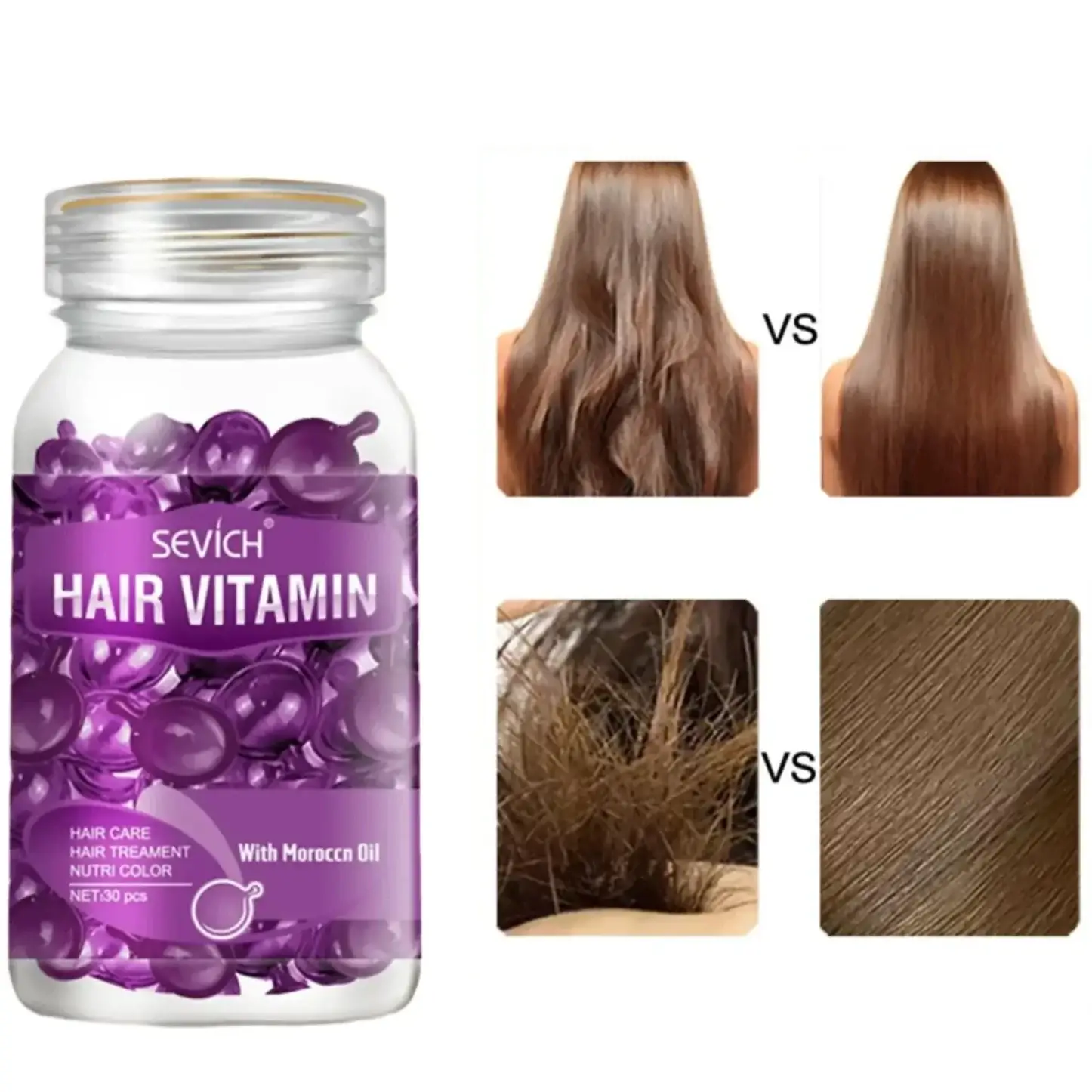 Capsules de vitamines capillaires violettes dans un pot transparent avec un couvercle blanc.