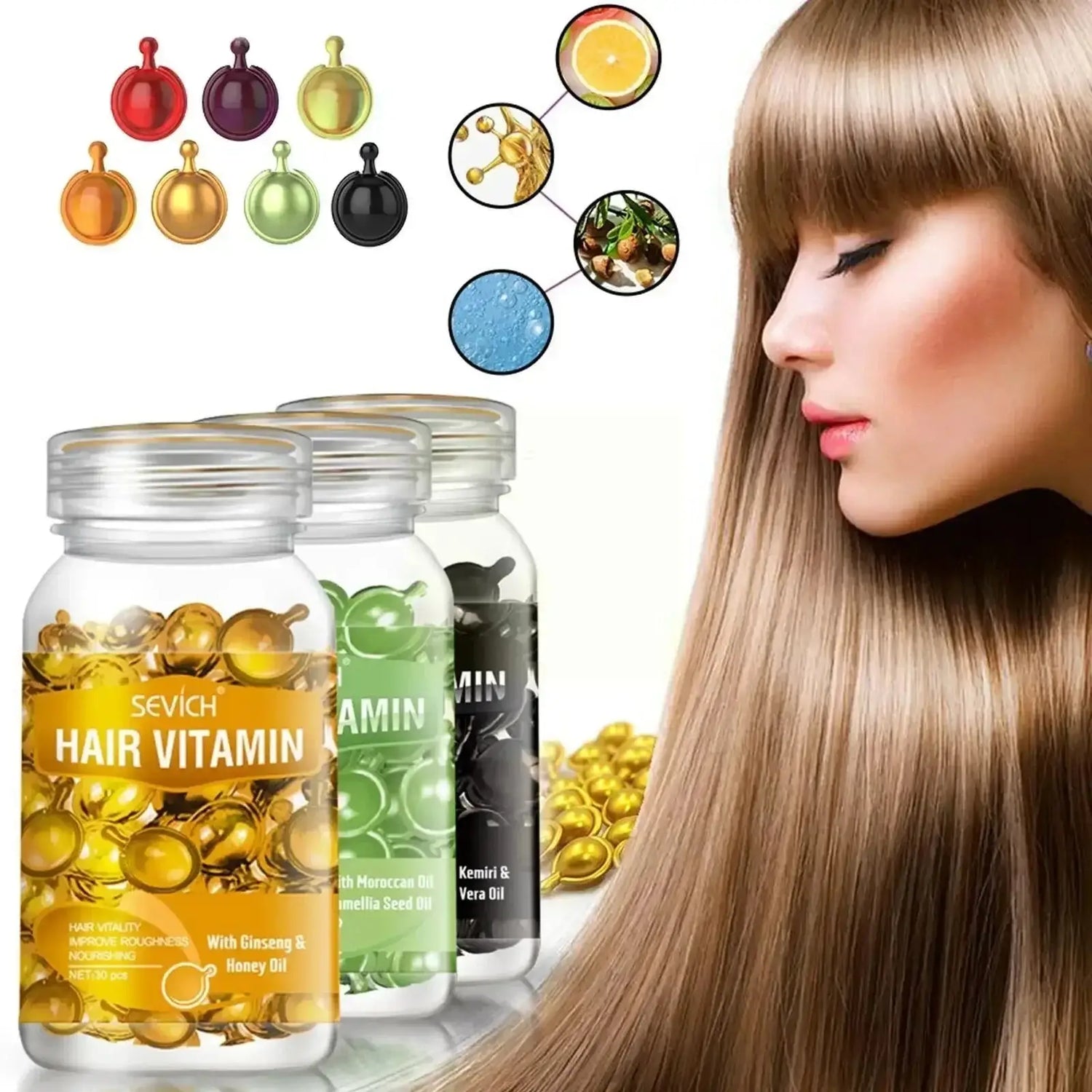 Capsules de vitamines pour cheveux dans des pots en verre transparent.