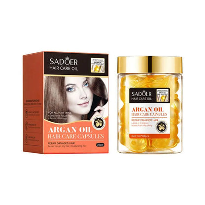 Sadoer Argan Oil hair care product with packaging box and capsule jar.