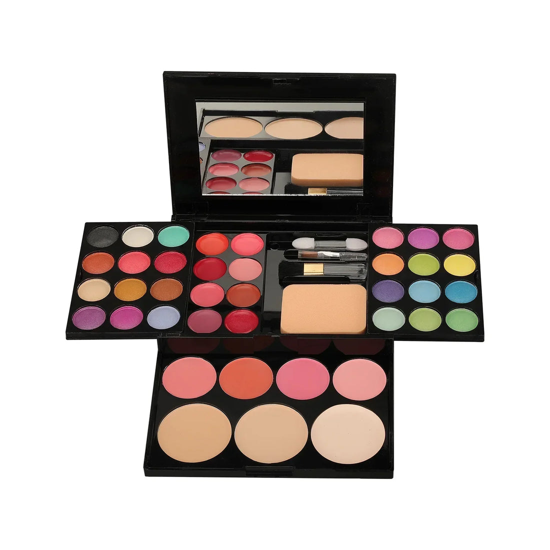 Palette de maquillage multicolore contenant des ombres à paupières, des fards à joues et des poudres pour le visage.