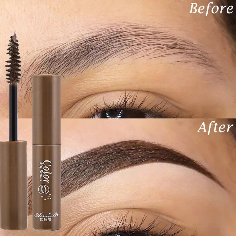 Produit de maquillage pour sourcils bruns avec applicateur de mascara.