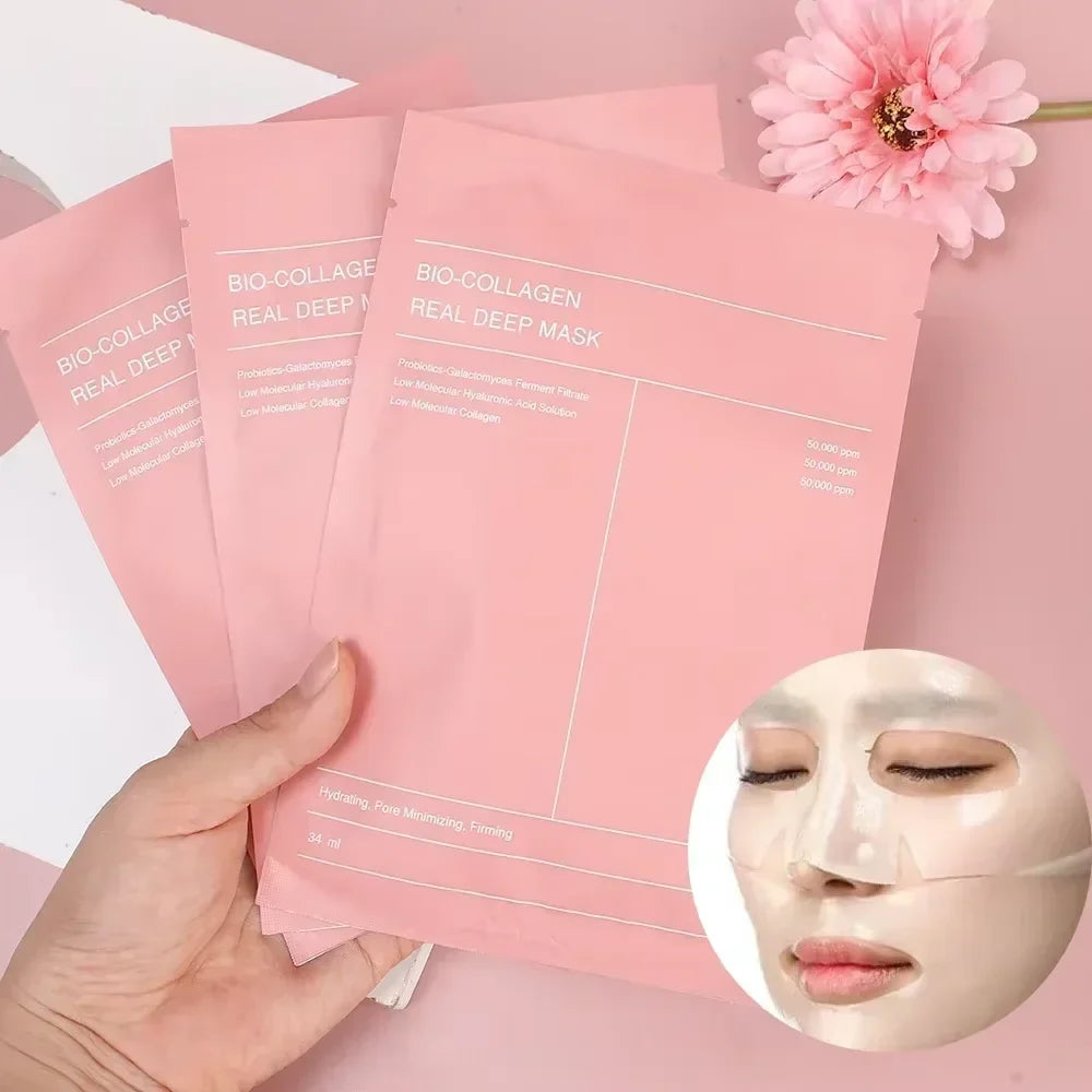 Masque facial rose au collagène avec emballage du produit.