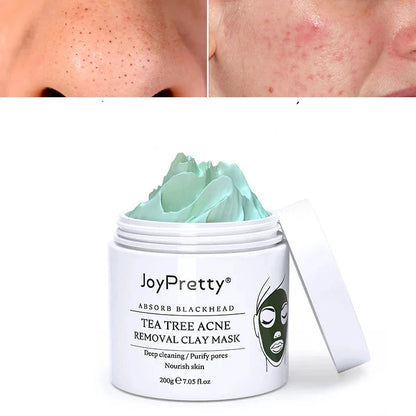 Masque à l’argile de couleur menthe dans un pot blanc étiqueté ’JoyPretty Tea Tree Acne Removal Clay Mask’ (masque à l’argile contre l’acné).