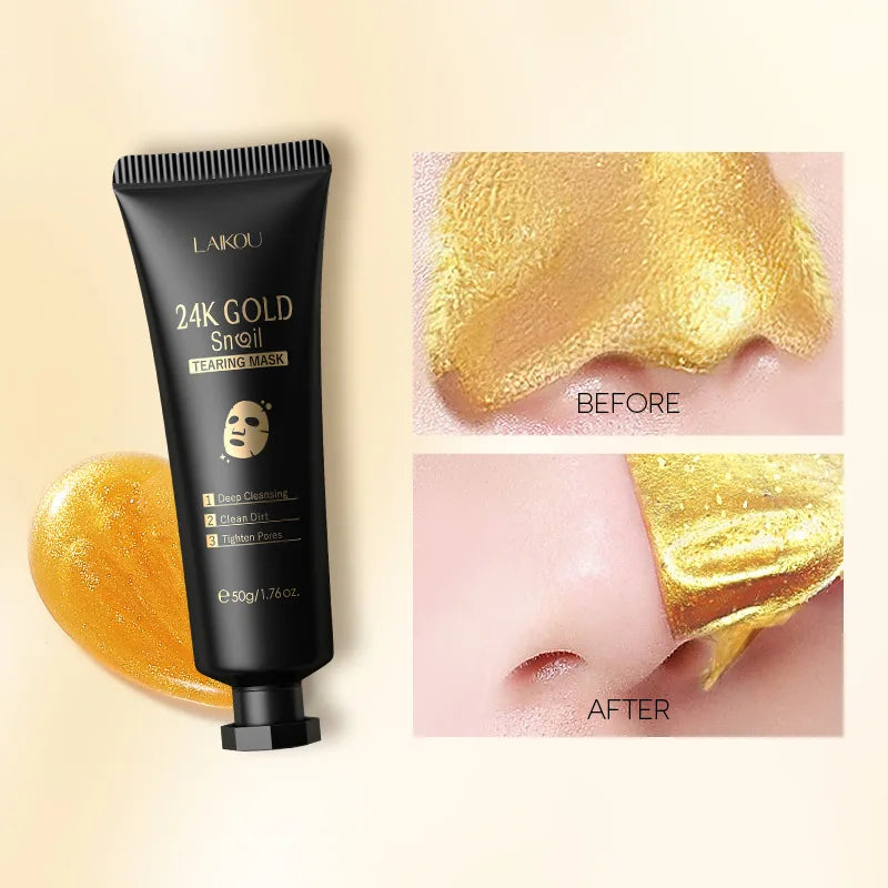 Tube noir de masque peel-off à l’or 24K avec photos avant et après application.