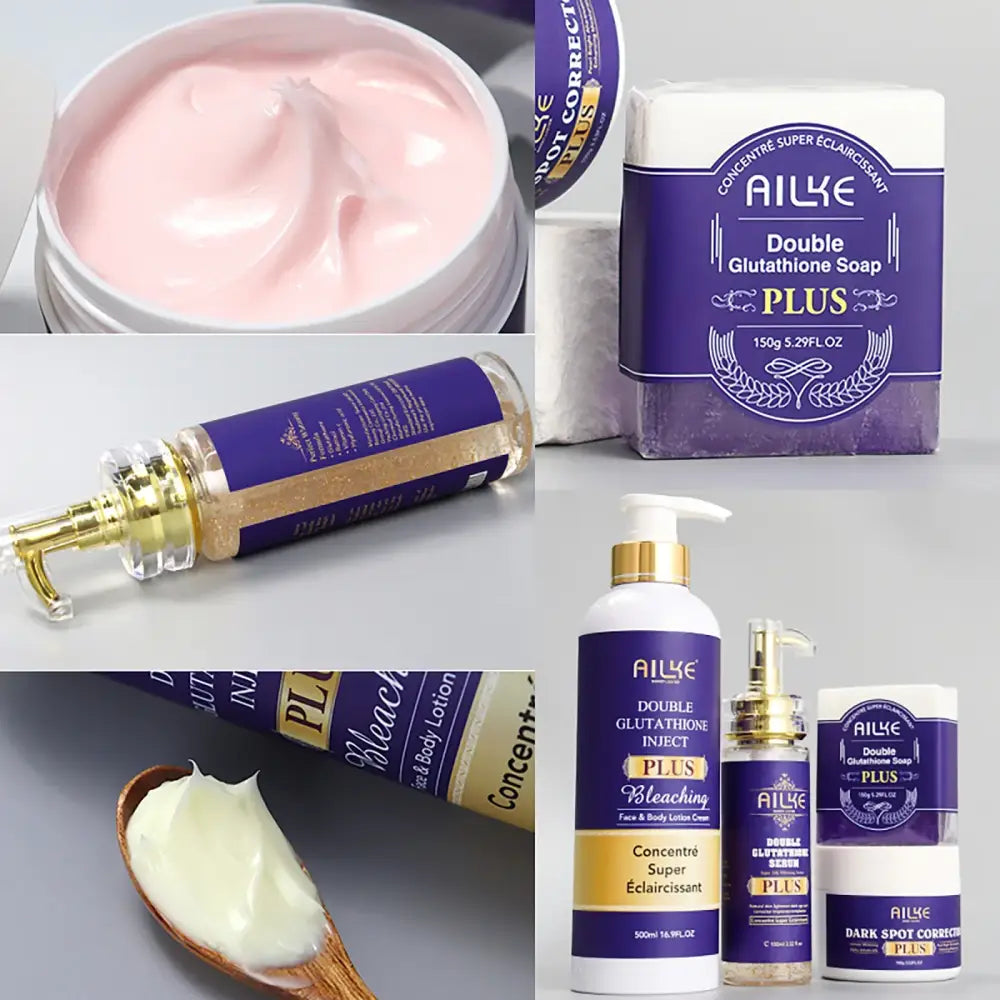 Collection de produits de soins de la marque ’Ailke’, comprenant diverses crèmes, sérums et lotions dans un emballage violet.