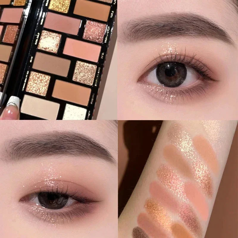 Palette d’ombres à paupières aux tons neutres et chatoyants, accompagnée d’exemples d’application de maquillage pour les yeux et d’échantillons.