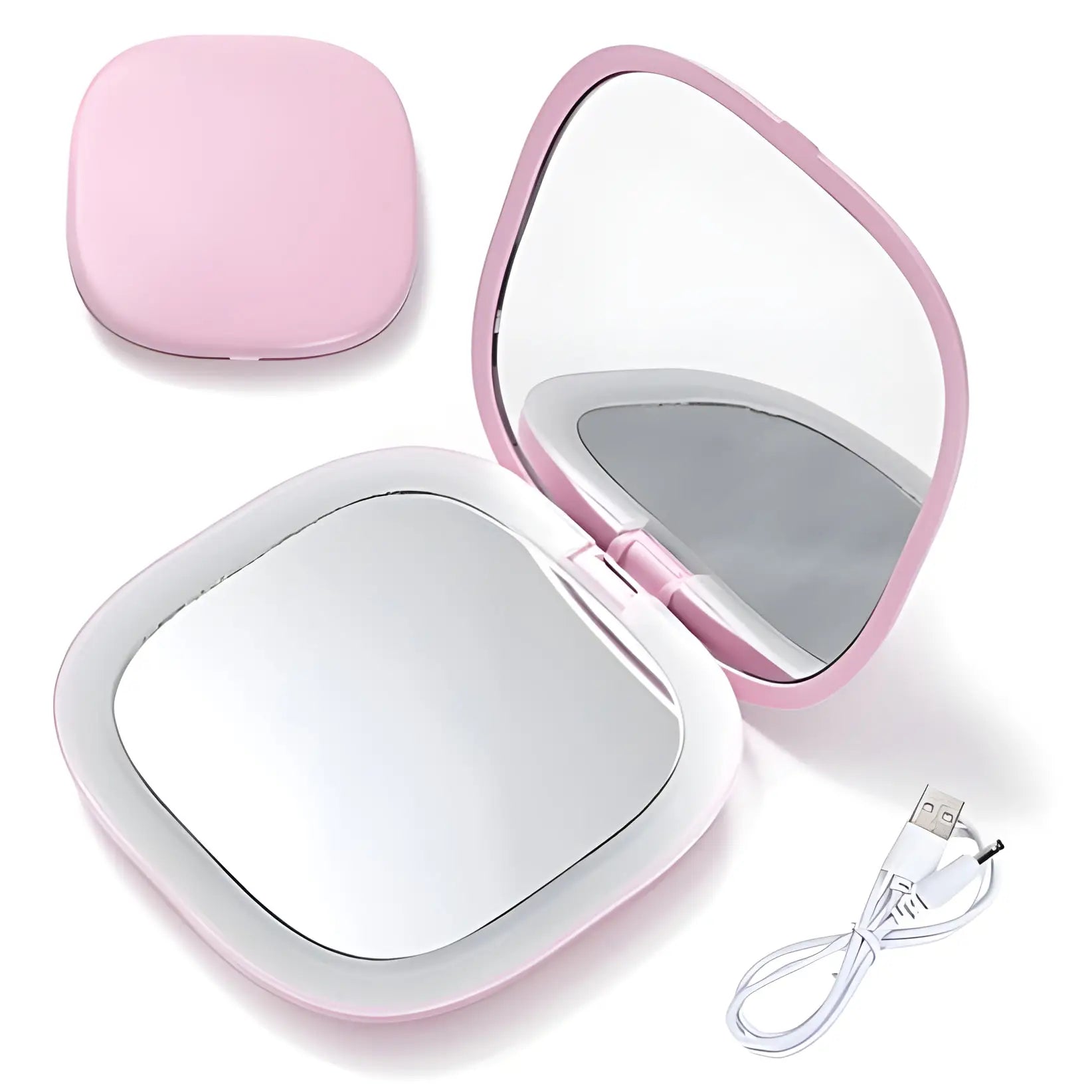 Miroir de maquillage rose compact avec lumières LED intégrées et câble de chargement USB.