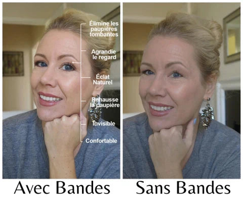 Comparaison de l’apparence d’une femme avec et sans bandes adhésives pour le visage, étiquetées en français.