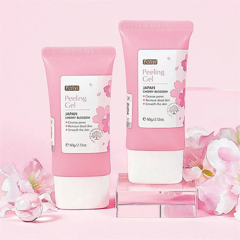 Tubes de gel peeling rose avec motif de fleurs de cerisier.