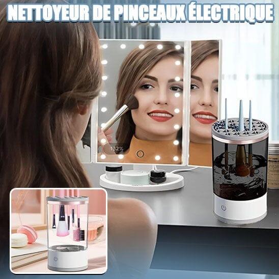 Nettoyeur électrique de pinceaux de maquillage avec miroir de courtoisie éclairé.