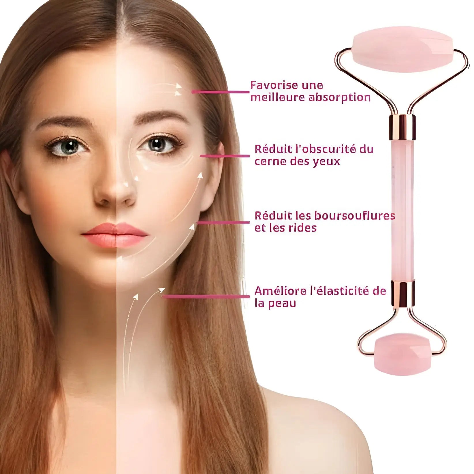 Rouleau de quartz rose pour le visage dont les bienfaits sont étiquetés en français.