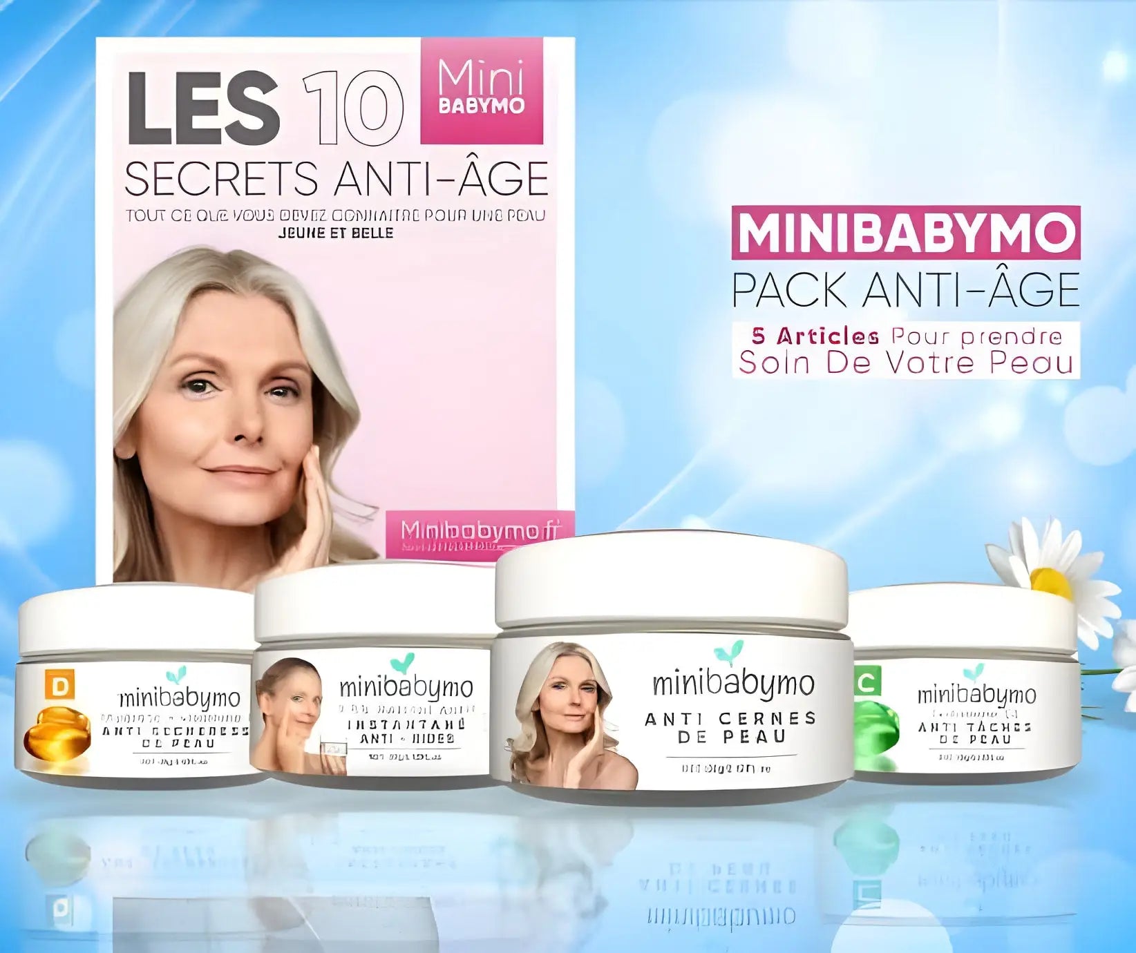 Ligne de produits de soins anti-âge présentant des pots de crème et du matériel promotionnel.