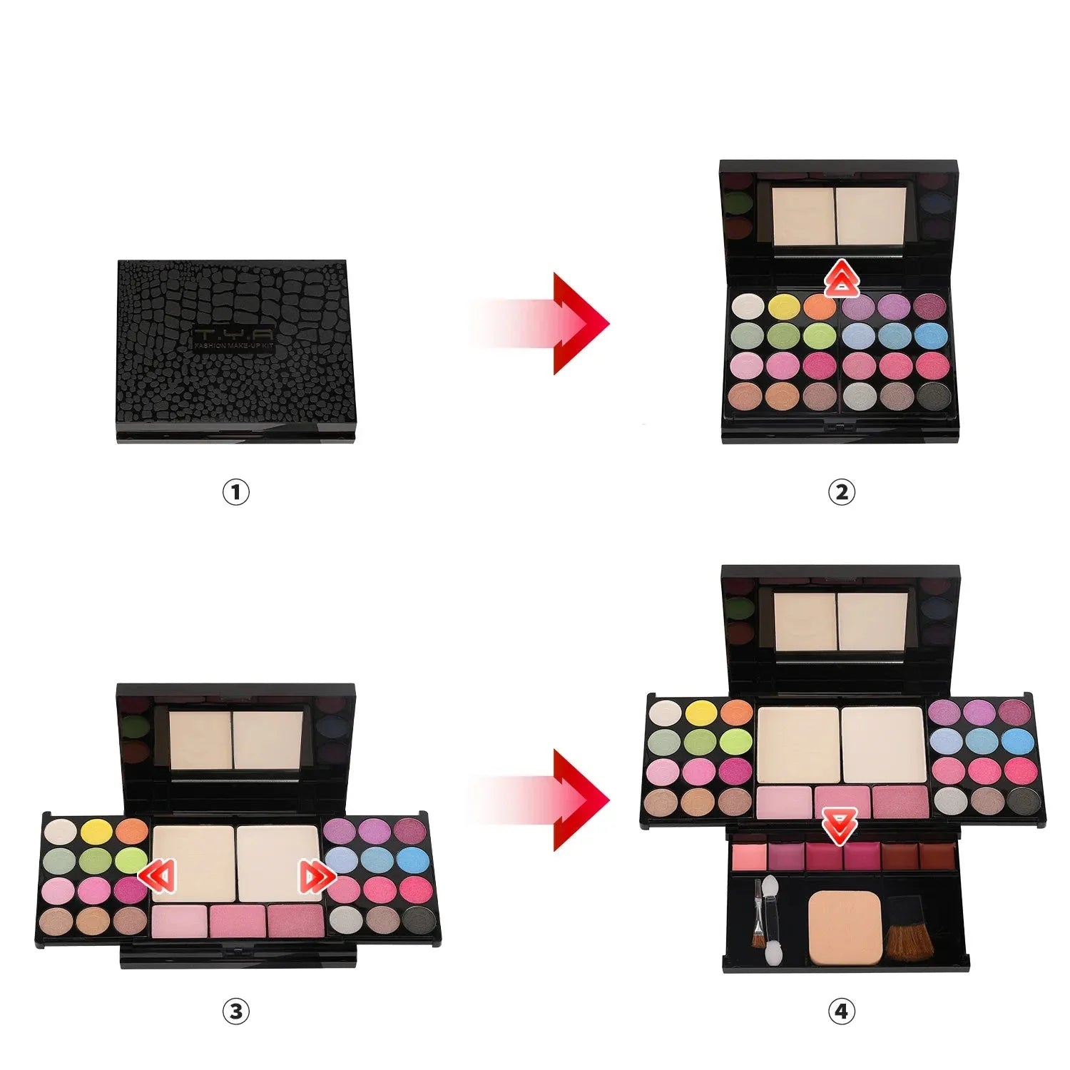 Palette de maquillage qui se déplie en plusieurs couches pour révéler les ombres à paupières, les fards à joues et d’autres produits cosmétiques.