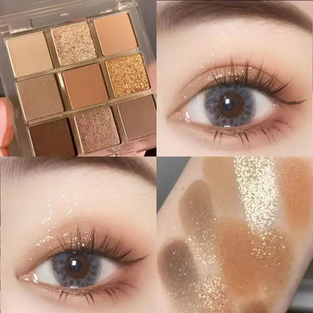 Palette d’ombres à paupières brunes neutres avec des nuances pailletées et chatoyantes, accompagnée d’exemples d’application de maquillage pour les yeux.