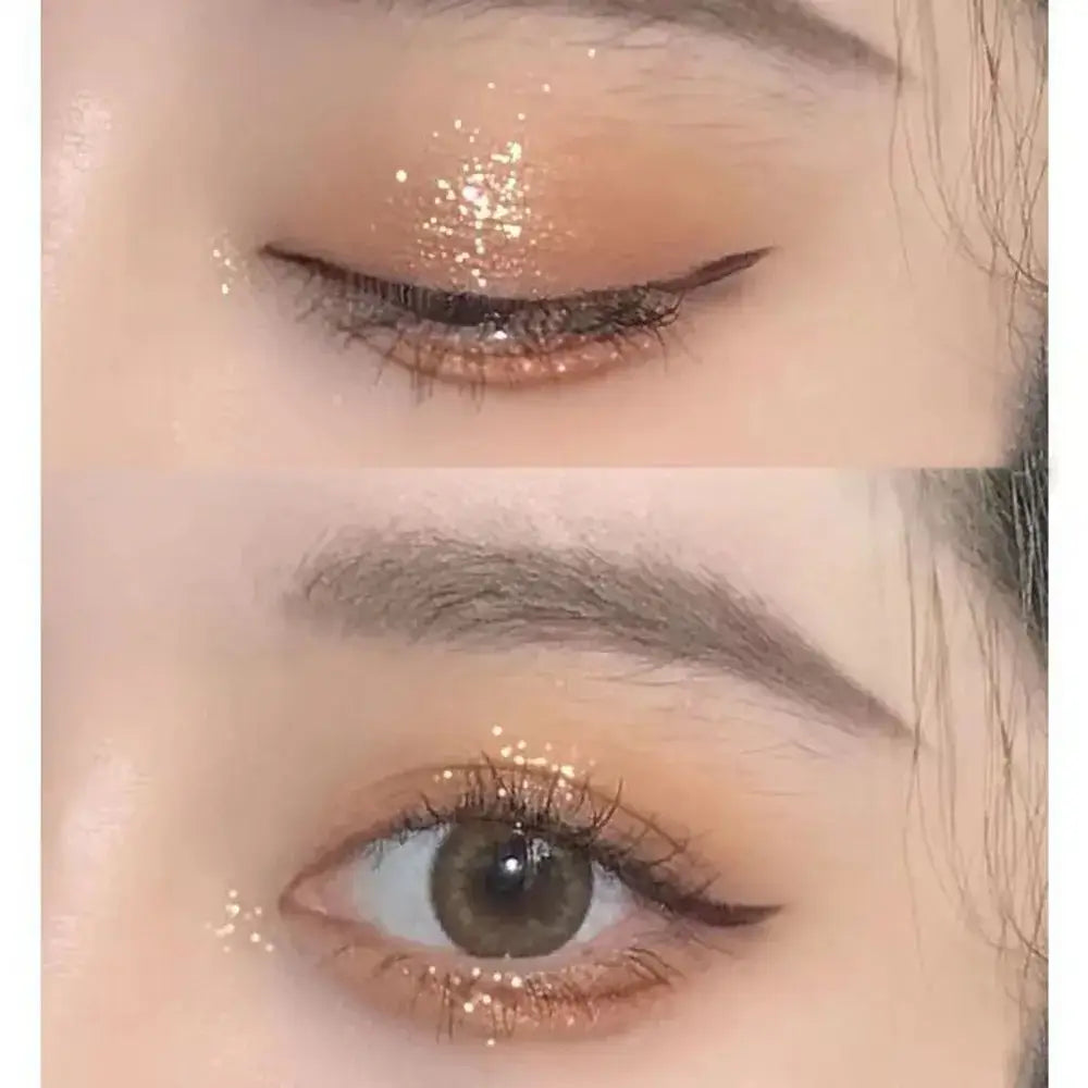 Maquillage des yeux avec une ombre à paupières pêche pailletée et un eyeliner ailé.