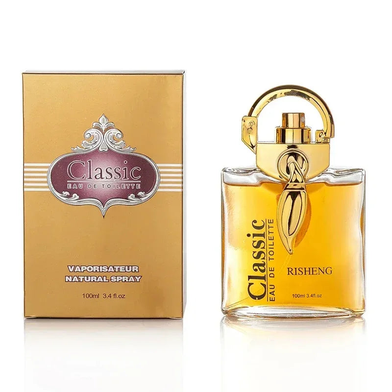 Flacon de parfum doré avec boîte assortie portant la marque ’Classic’.