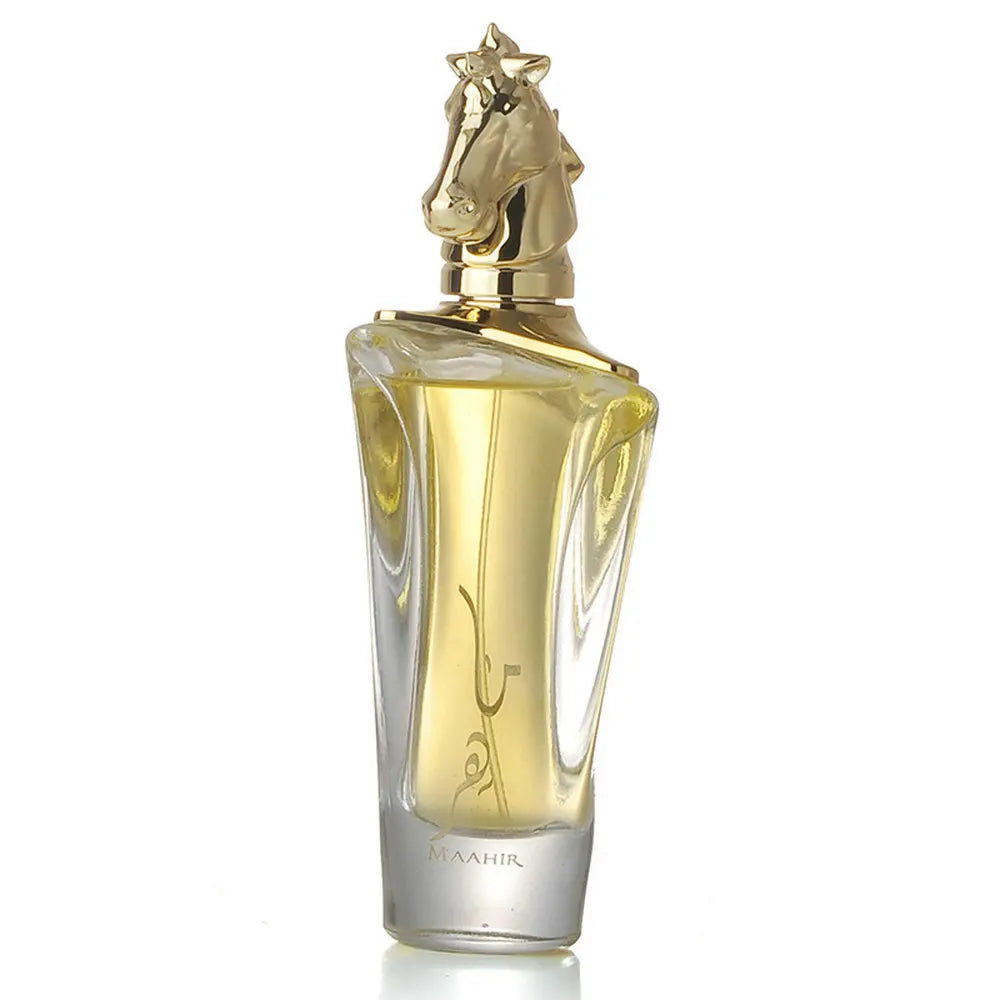 Élégant flacon de parfum doté d’un bouchon décoratif en forme de tête de cheval de couleur dorée.