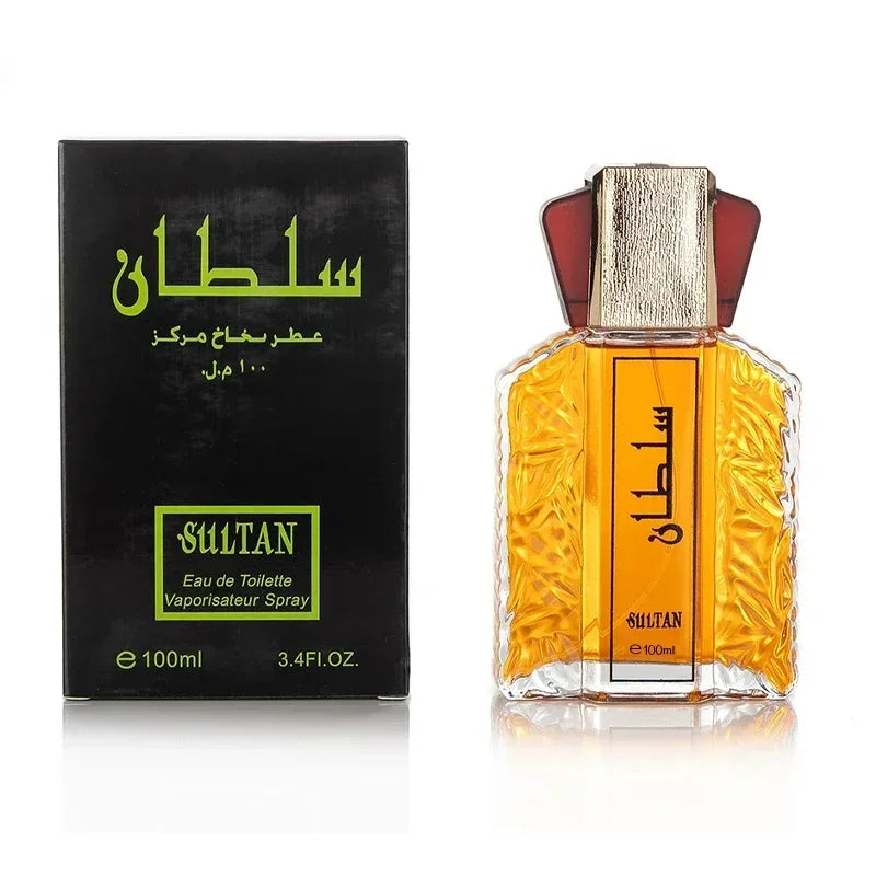 Flacon de parfum Sultan et son emballage noir avec texte en arabe et en anglais.