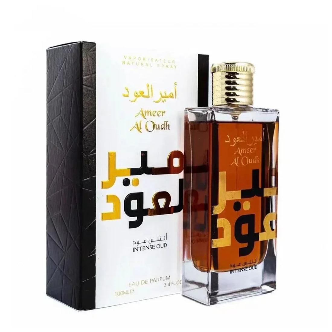 Flacon de parfum arabe avec texte en or et boîte d’emballage noire.