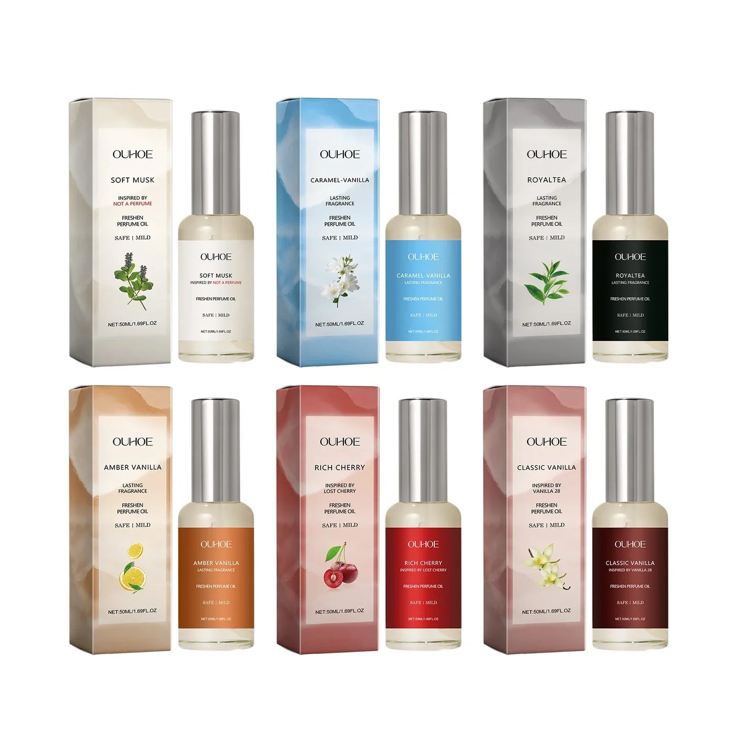 Collection de parfums en bouteille avec des boîtes de produits assorties dans différentes senteurs et couleurs.