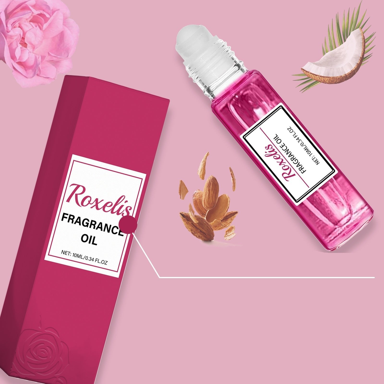 Flacon d’huile de parfum rose avec sa boîte d’emballage de vente au détail.