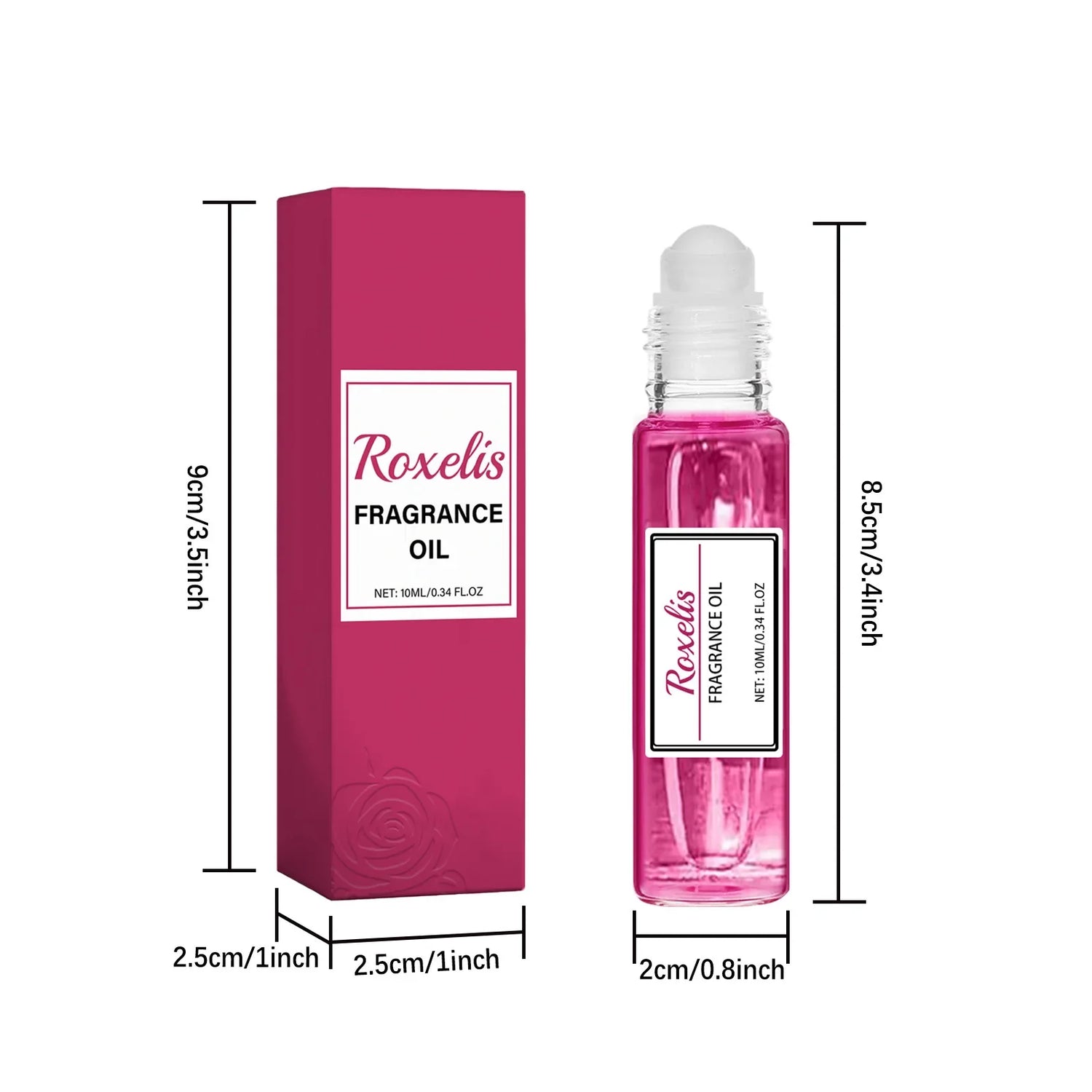 Flacon d’huile de parfum rose avec boîte d’emballage de vente au détail assortie.