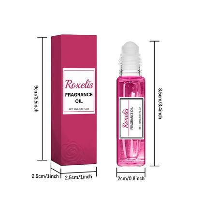 Flacon d’huile de parfum rose avec boîte d’emballage de vente au détail assortie.