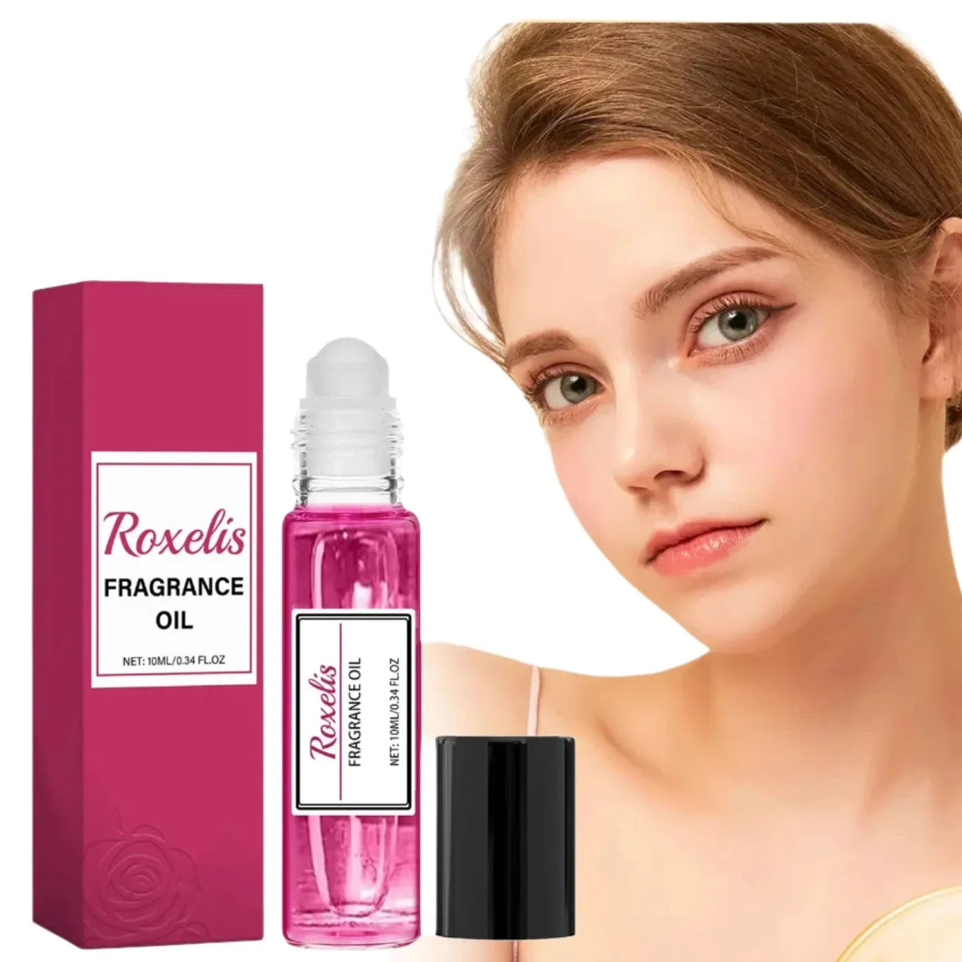 Flacon d’huile de parfum roll-on rose avec sa boîte d’emballage de vente au détail.