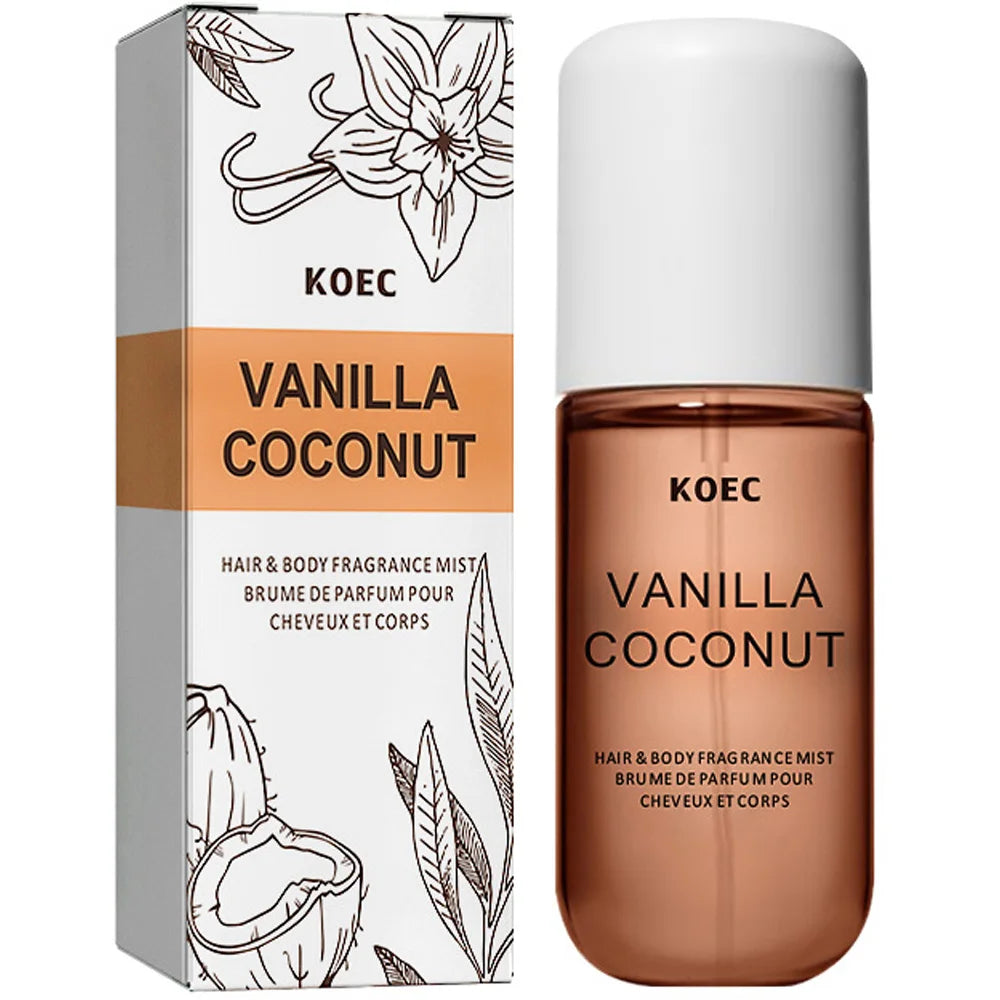 Brume de parfum pour le corps et les cheveux KOEC Vanilla Coconut avec sa boîte d’emballage de vente au détail.