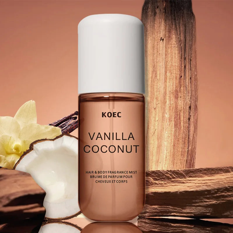 Flacon brun de la brume de parfum pour le corps et les cheveux KOEC Vanilla Coconut.