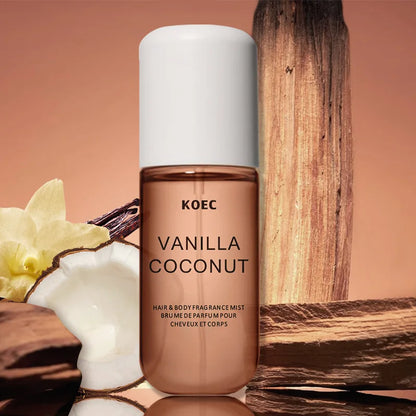 Flacon brun de la brume de parfum pour le corps et les cheveux KOEC Vanilla Coconut.