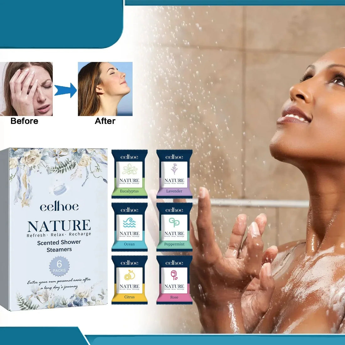 Publicité pour les soins de la peau présentant les produits essentiels pour la douche et les produits de beauté de la collection ’Nature’.