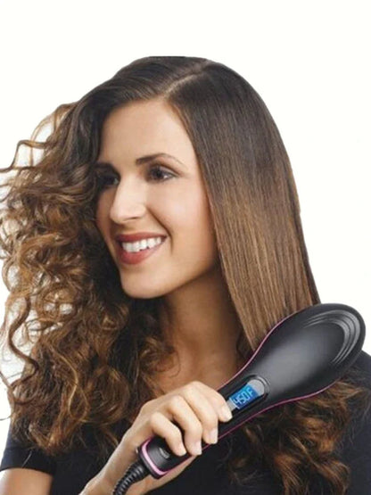 Brosse à lisser les cheveux avec affichage numérique de la température et manche noir.