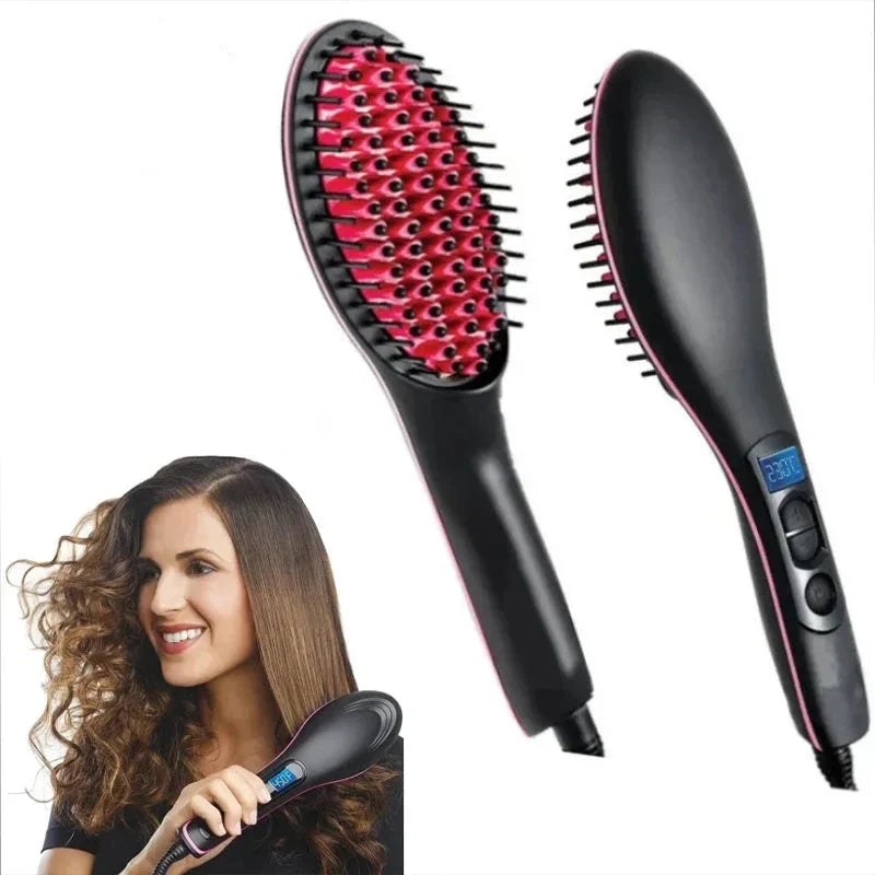 Brosse électrique à lisser les cheveux avec manche noir et tête en poils roses.