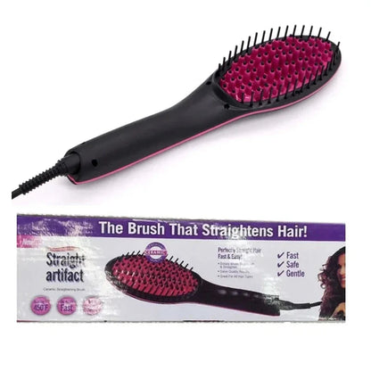 Brosse électrique à lisser les cheveux avec manche noir et poils roses.