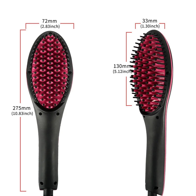 Brosse électrique à lisser les cheveux avec manche noir et poils roses.